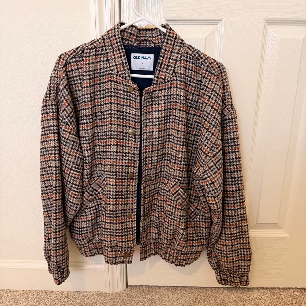 Old Navy Houndstooth Bomber Jacket in Brown, Blue and Cream
